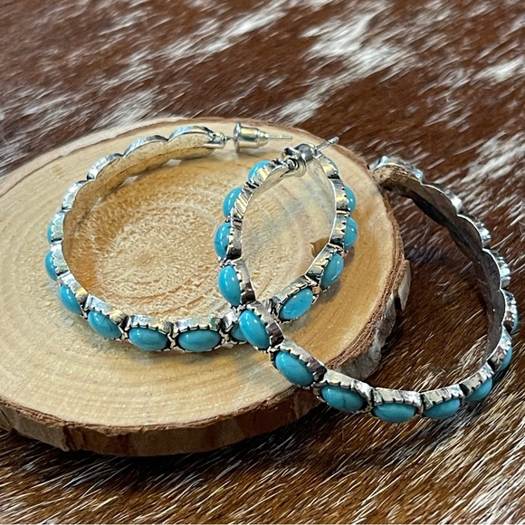 Turquoise & Silver Large Hoop Earrings with‎ Long Post for Western and Boho - Picture 1 of 9